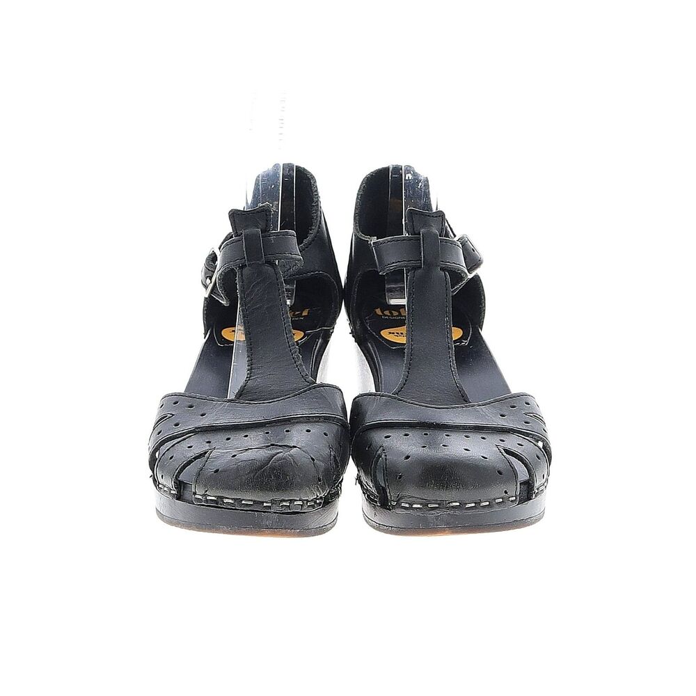 Swedish Hasbeens Toffel Clogs Women 37 US 7 Low Heel Leather Wood Sandals Black - Picture 2 of 8